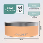 Coldest Dog Bowl - Anti Rust Metal, Non Slip, 3 Layers Insulated Stainless Steel Dog Bowls - Spill Proof & Heavy Duty - Water Bowl for Dogs, Cats & Pets, Dish Washer Safe (64 oz, Sahara Peach)