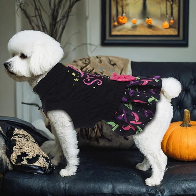 CuteBone Halloween Dog Sweater Dress Spooky Embroidery Turtleneck Puppy Sweater with Bowtie Harness Hole Pullover Winter Dress for Small Dogs