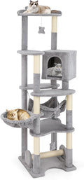 PETSITE 69 Inch Tall Cat Tree, Multi-Level Grey Cat Tower with Sisal Scratching Posts, Cat Condo, Basket Bed, Hammock, Basket Bed, and Hanging Toys, Modern Cat Tree Tower for Indoor Cats