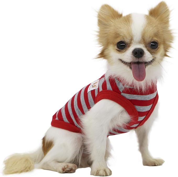 LOPHIPETS 100% Cotton Striped Dog Shirts for Small Dogs Chihuahua Puppy Clothes Tank Vest-Red and Gray Strips/S