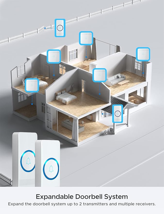 AVANTEK Wireless Doorbell, D-3F Waterproof Chime Kit Operating at Over 1300 Feet with 52 Melodies, 5 Volume Levels & LED Flash
