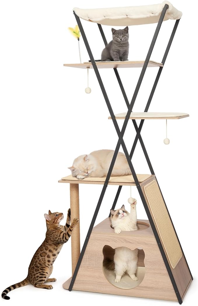 71" Modern Wood Cat Tree for Large Cats - Heavy Duty Tall Cat Tower for Indoor Cats, Multi-Level Cat Furniture with Spacious Condo, Large Perch, Scratching Posts & Hammock(Washed Grey)