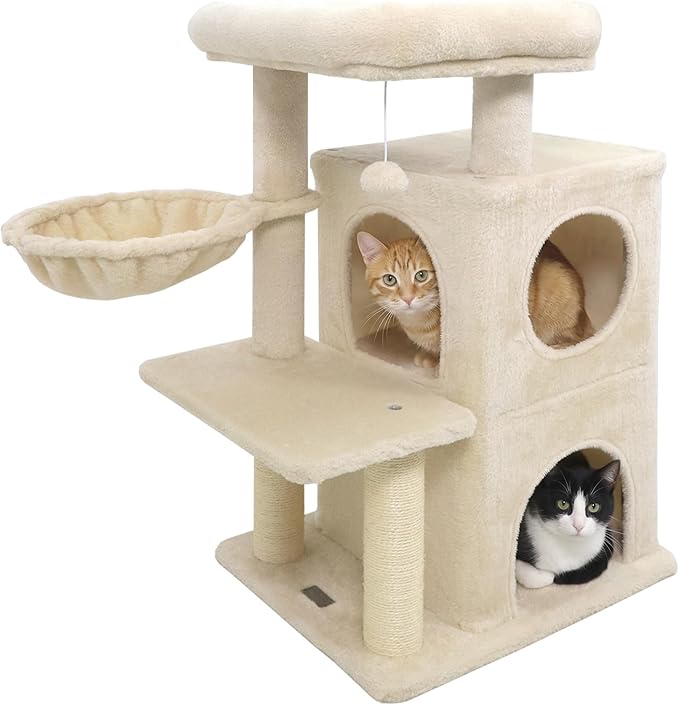 DORTALA Cat Tree for Indoor Cats, 33.5" Cat Tower with 2-Storey Condo, Top Perch, Sisal Scratching Posts, Dangling Ball, Platform, Multi-Level Pet Climbing Furniture Activity Center (Beige)