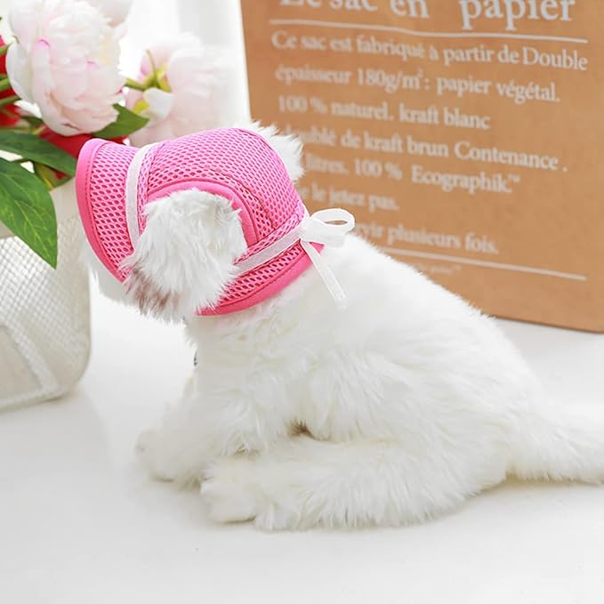 Round Brim Princess Hat Visor Hat Pet Dog Mesh Porous Sun Hat with Ear Holes for Small, Extra Small Dog Teddy, Pug, Chihuahua, Shih Tzu, Yorkshire Terriers, Papillon Pink with bowknit S