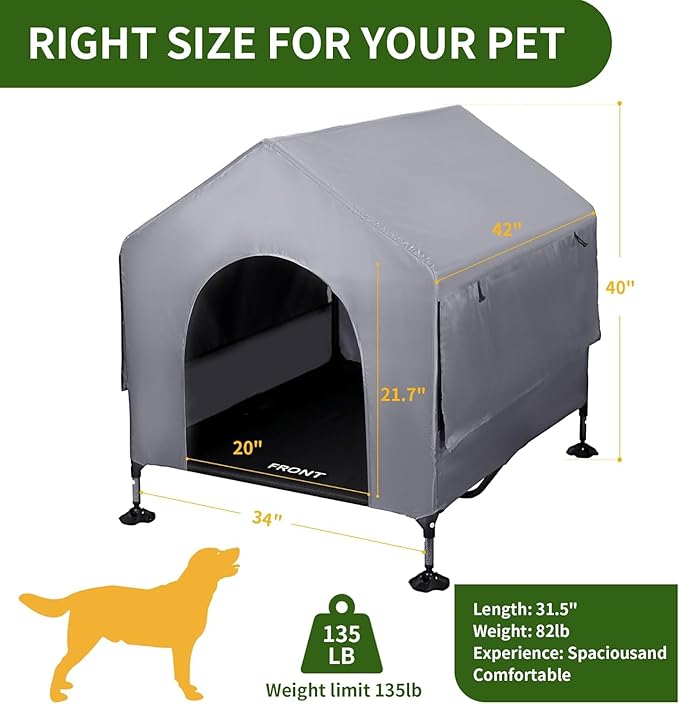 Summertrail 42" Large Dog House Outdoor Indoor with Breathable Mesh Windows-Elevated Dog Bed Cot Dog Tent Shade Shelter for Large Breeds with Canopy, Weatherproof Dog Kennel for Outside, Easy Clean