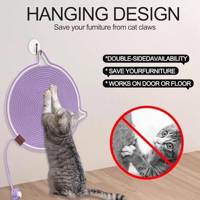 Personalized Cat Scratcher Mat, Customized with Name Text Natural Cotton Rope Round Horizontal Cat Scratching Pads with Ball Toy, Cat Furniture Protector for Wall, Couch, Carpets, Sofa (Purple)