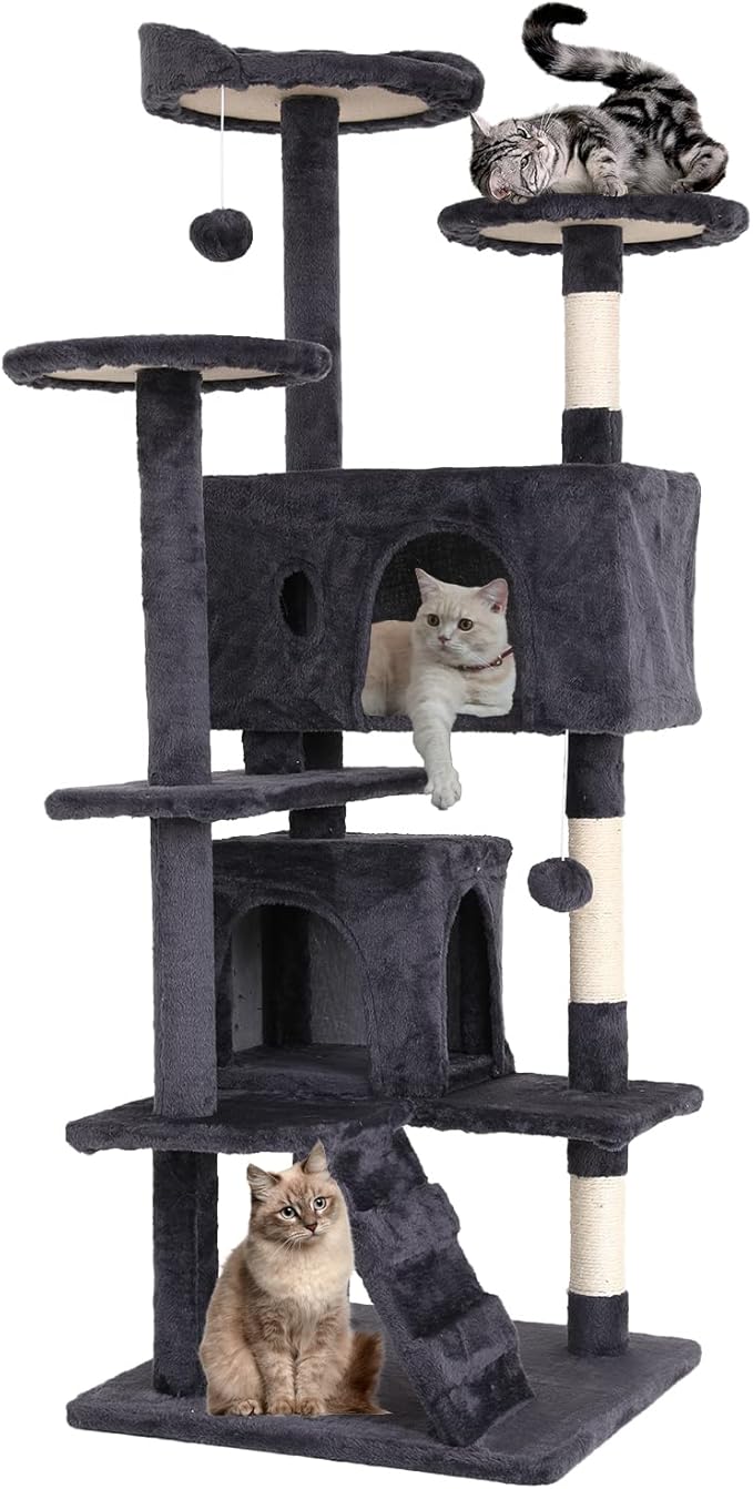 Cat Tree for Indoor Cats Cat Condo Cat Tower with Scratching Post Cat Tease Ball Perches Platform for Small and Medium Cats 54 Inch Multi-Level, Light Gray