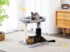 Small 4-in-1 Cat Tree Tower with Self-Grooming Brush, Sisal Scratching Post, Plush Cat Bed & Hanging Ball Toy, Compact Cat Tree for Indoor Kittens, Grey