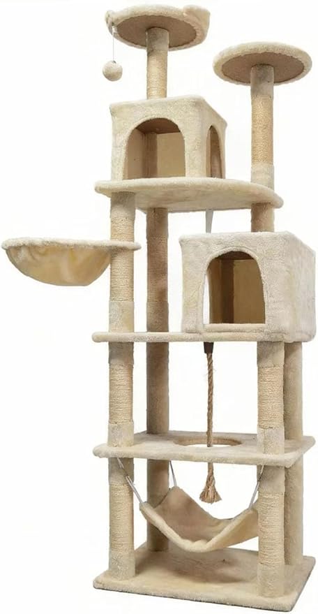 Cat Tree, 68-Inch Cat Tower for Indoor Cats, Plush Multi-Level Cat Condo with 7 Scratching Posts, 2 Perches, 2 Caves, Hammock (Beige)