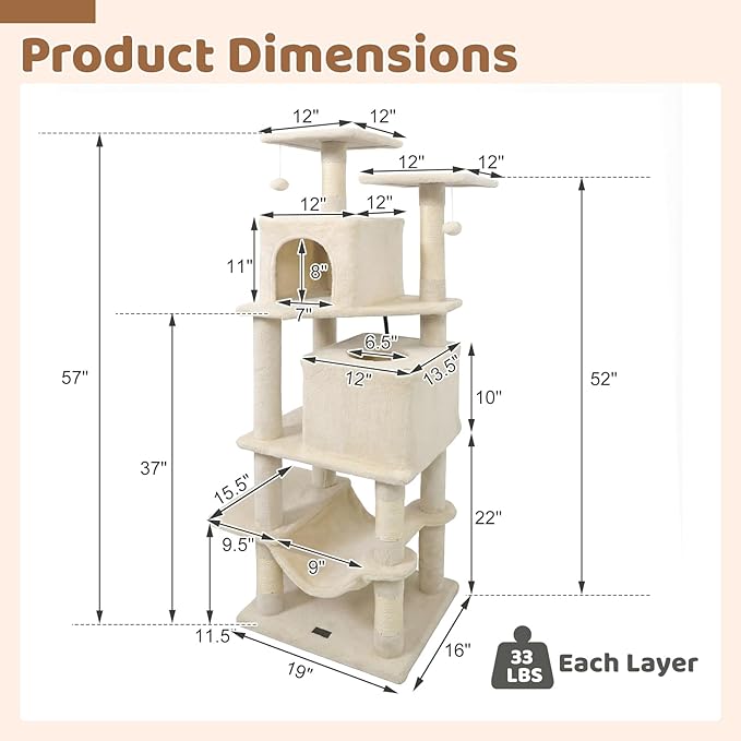 DORTALA 57" Tall Cat Tree, Multi-Level Cat Tower with 2 Large Condos, Sisal Scratching Posts, Top Perch, Hammock, Pet Play House Climbing Furniture for Indoor Adult Cats & Kittens (Beige)