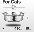 URBUDDIES 2 Pack Hammered Stainless Steel Cat Bowls, Premium Metal Cat Bowls with Non Slip Rubber Bottom, Dishwasher Safe, Easy to Clean, 2 Cup, Gray Bottom