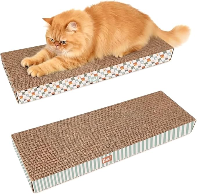Cats Rock Scratching Board for Indoor Cats, Corrugated Cardboard Cat Scratcher with Catnip, Double-Sided Scratch Pad, Rectangle Scratcher Stripes and Icons Design (Pack of 2)