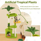 48" Cat Tree with Tropical Leaf Design – Self-Groomer, Scratching Posts & Space-Saving Tower