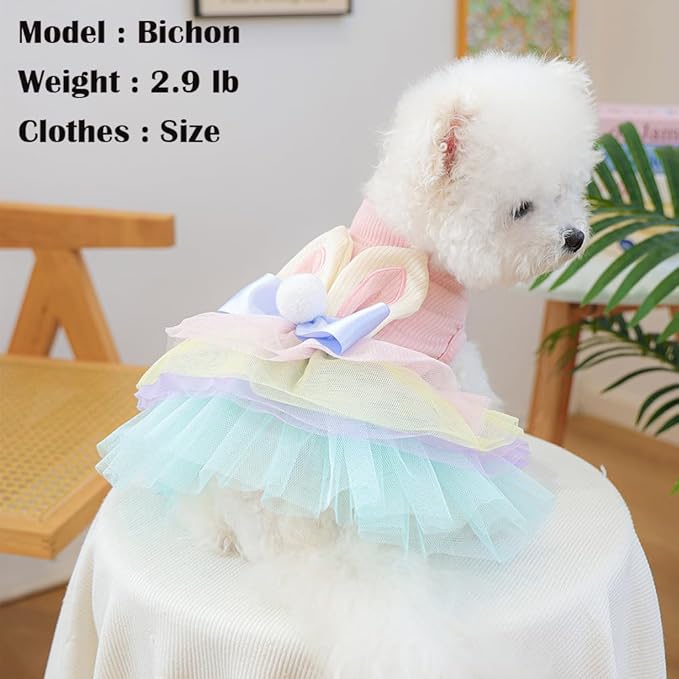 Pink Bunny Ears Dog Dress Spring Girl Puppy Clothes for Small Dog Easter Cat Dress for Cat Funny Tutu Dress Holiday Pet Outfit (Colorful, X-Small)