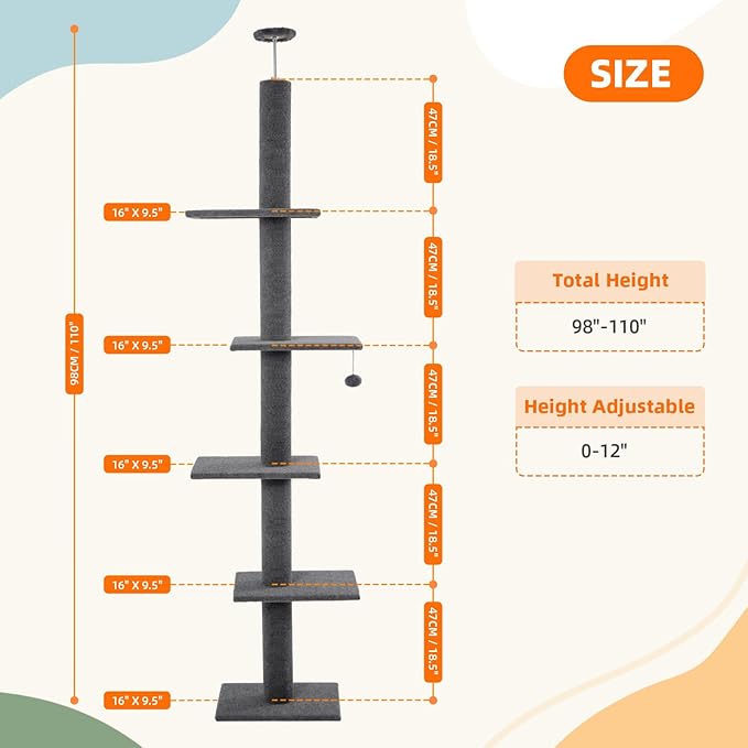 Cat Craft Cat Tree Floor to Ceiling 95-108" Tall Cat Tree Carpet Cat Tower Kitten Tree Sisal Scratching Post and Mat Cat Pole for Indoor Cats, Charcoal