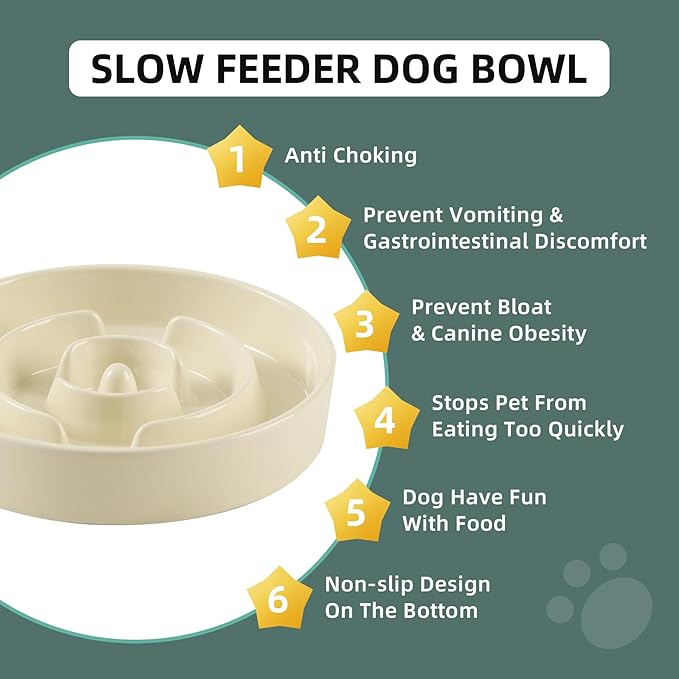 Ceramic 1.6 Cup Slow Feeder Dog Bowl for Medium and Large Breed, 8.2inch Puzzle Dog Food Dish, Anti-Gulping, Stop Bloat, Preventing Choking (Single Bowl-Light Yellow)