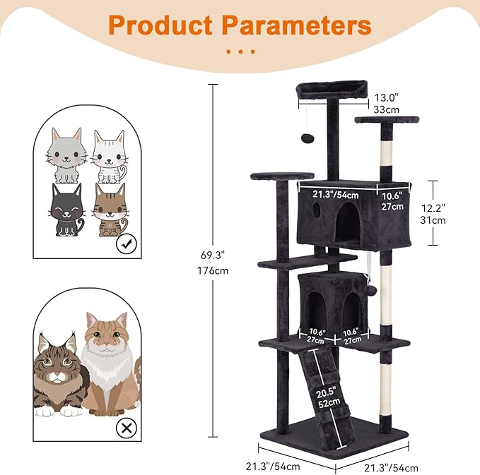 Cat Tree 69.3 inches Cat Tower for Indoor Cats Cat House with Replaceable and Removable Dangling Ball Cat Trees and Towers with Funny Toys, ASHY