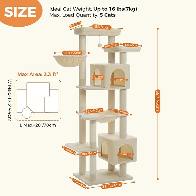 PETEPELA 69" Tall Cat Tree for Indoor Large Cats, Cat Tower for Adult Cats with Super Big Hammock, Cat Climbing Tree Tower with Scratching Posts, Condo House and Large Top Perch, Beige