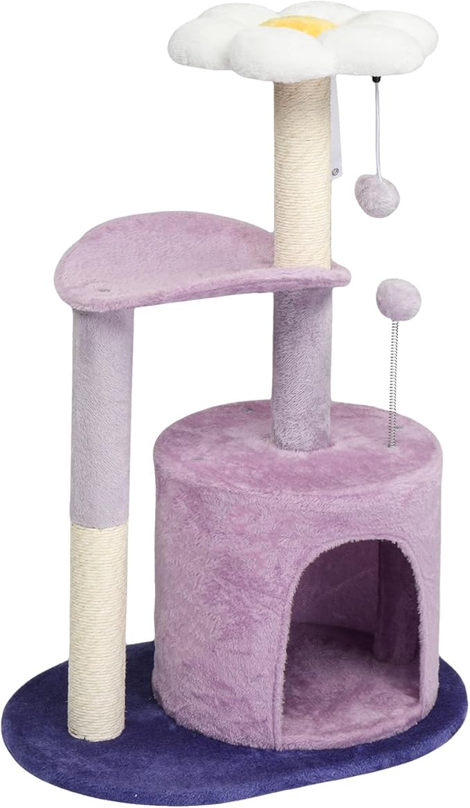 Cat Tree, 33" Multi-Level Cloud Cat Tree Tower with Cozy Padded Bed & Large Condo for All Sized Cats, Featuring Scratching Posts, Viewing Perch & Toys, Stable Small Cat Tower (Green)