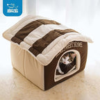 Best Pet Supplies Cat Bed for Indoor Cat, Domed Tent House with Removable Pillow, Covered Cat Cave for Small Dog, Puppies and All Breeds of Cats - Beige w/ Brown Stripes, 16 x 16 x H:14"