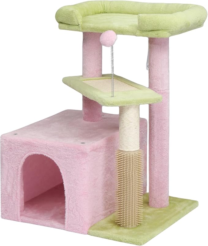 Cat Tree, Carpet Cat Tower for Indoors Cats, Cute Wood Kitty Condo with Scratching Post and Pad, Multi-Level Modern Activity Climbing Furniture for Small and Medium Cats (Pink)