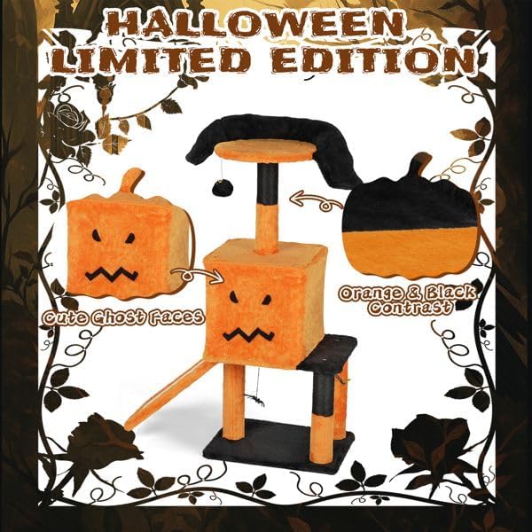 Halloween Cat Tree 39.4 Inch Cat Tower for Indoor Cats with Cat Condo, Sisal Scratching Posts, Hanging Toys - Orange & Black Multi-Level Cat Furniture with Anti-Tip Safety Design
