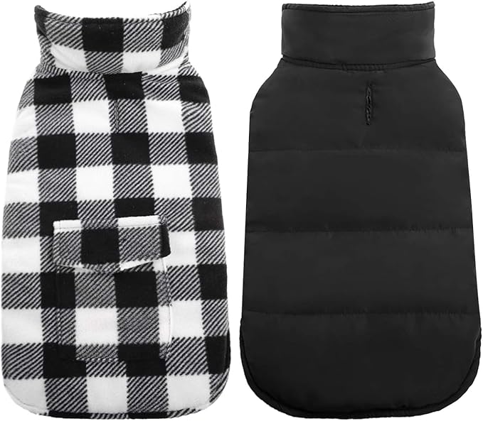 Kuoser Dog Winter Coat, Windproof Dog Fleece Jacket British Style Plaid Cold Weather Doggie Vest Coats, Reversible Cozy Warm Pet Clothes Apparel for Medium Dogs M