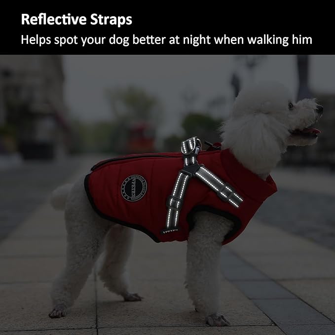 Dog Winter Coat,Warm Jacket Paded Fleece Dog Vest with Built in Harness,Windproof Reflective Cozy Adjustable Snow Pet Coat Clothes with Zipper for Small Medium Dogs