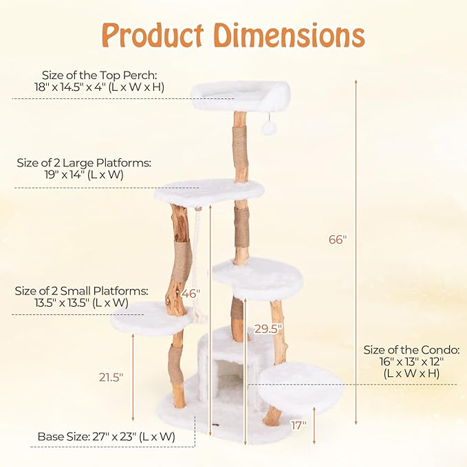 PETSITE 66 inch Tall Wooden Cat Tree Tower, Multi-Level Cat Tower with Jute Scratching Posts, Sisal Rope, Cat Condo, and Dangling Ball, Soft Long Plush, Modern Cat Tree for Indoor Cats Large Adult