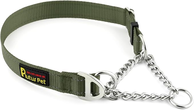 Plutus Pet Martingale Dog Collar with Stainless Steel Chain and Reflective Nylon, Adjustable No Pull Training Collar, for Small Medium, and Large Dogs, Ranger Green, M