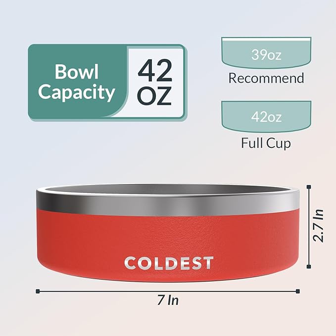 Coldest Dog Bowl - Anti Rust Metal, Non Slip, 3 Layers Insulated Stainless Steel Dog Bowls - Spill Proof & Heavy Duty - Water Bowl for Dogs, Cats & Pets, Dish Washer Safe (42 oz, Crimson Red)