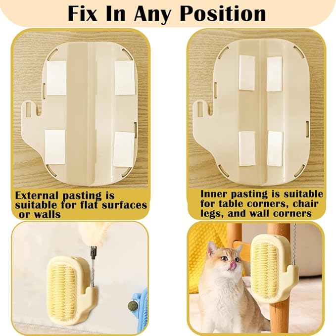3-in-1 Cat Self Groomer Brush – Wall Corner Cat Scratch Pad with Catnip Ball & Feather Toy, Cactus-Style Wall Brush for Indoor Cats, Cats Massager & Face Scratchers for Fur Pets