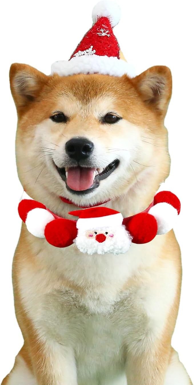 Elegant little tail Dog Christmas Costume 1PC Red Christmas Collar Soft Funny Pet Collars Headgear Adjustable Pom-Pom Headdress Cute Collar for Medium Dog Pet Party Accessories Costume