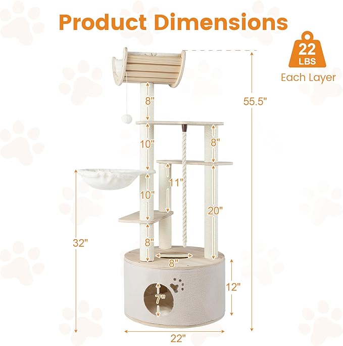 PETSITE 55.5 Inches Wooden Cat Tree, Multi-Level Modern Cat Tower with Scratching Posts, Side Basket, Multiple Jumping Platforms, Hanging Ball and Rope, Top Curved Perch, and Condo