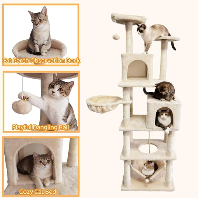 Cat Tree, 68-Inch Cat Tower for Indoor Cats, Plush Multi-Level Cat Condo with 7 Scratching Posts, 2 Perches, 2 Caves, Hammock (Beige)