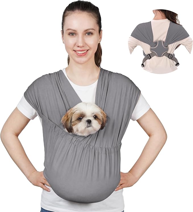 Supet Dog Sling Carrier for Small Pets, Hands Free Cat Sling, Reducing Back Neck Pain Anti-Anxiety Puppy Front, Adjustable Soft Dog Carrying (Grey, Plus 7-15 Lbs)