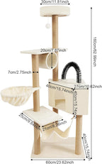 Cat Tree, W23.6*D15.7*H63in Cat Climbing Tower for Indoor Cats, Multi-Layer Cat Condo with Cat House, Hammock, Jumping Platforms, Scratching Posts, Holds 7.5kg/16.5lbs (Beige)