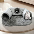 Cozy Pet Cave 3-in-1 Cat Tunnel Bed, Gray Plush with Fleece Lining, Anti-Slip Base, Multiple Entrances, Indoor Cat House, 33.46 x 25.59 Inch