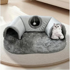 Cozy Pet Cave 3-in-1 Cat Tunnel Bed, Gray Plush with Fleece Lining, Anti-Slip Base, Multiple Entrances, Indoor Cat House, 33.46 x 25.59 Inch