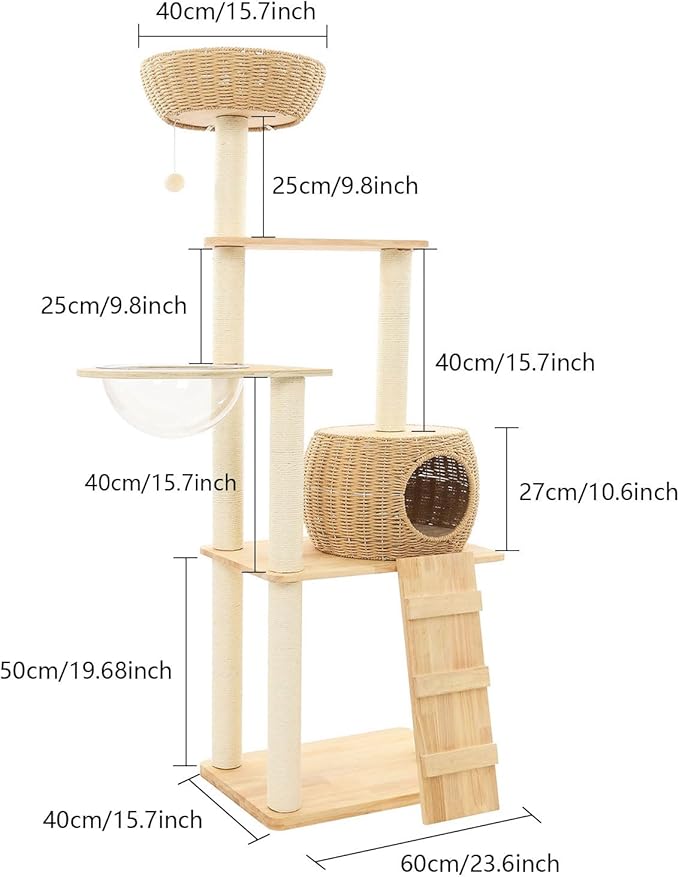 Solid Wood Cat Climbing Shelf, Cat Tree All-in-One Cat Shelf, Rattan Cats Nest Scratching Post for Small Households, Double Sided Mat, 33 Lbs Load Bearing, Sisal Wrapped Post
