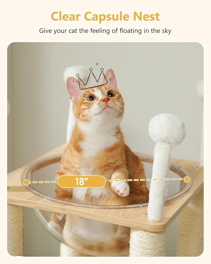 42.5" Modern Wooden Cat Tree with 2-Story Condo, Scratching Posts, Capsule Nest & Dangling Balls - Sky City Design Indoor Furniture for Cats, Beige