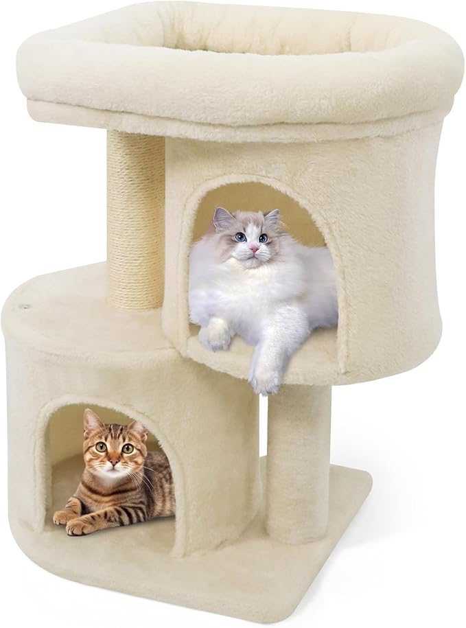 Tangkula Small Cat Tree for Indoor Cats, 26 Inch Cat Tower with Sisal Scratching Posts, Dual Cat Condos with Large Padded Push Perch, Modern Cat Climbing Furniture Activity Center (Beige)