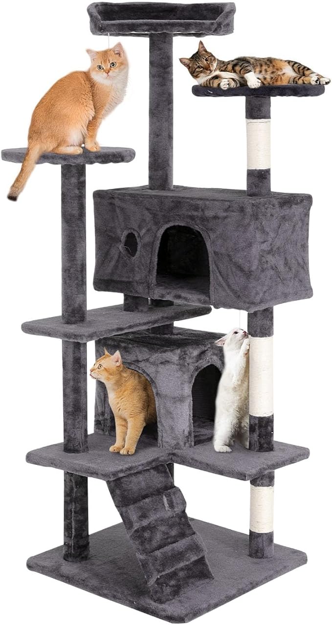 Cat Tree 54 Inch Cat Condo Stand House Multi-Level Cat Tower Durable Cat Scratching Post & Cozy Fun Indoor Cat Jumping Platform Kitty Activity Center with Furry Ball Toys for Cats, Light Gray