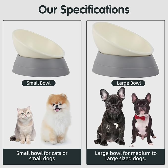 Bulldog Bowl Anti-Slip Dog Cat Dish Detachable Rubber Dog Bowl Pet Sterile Tilted Pet Feeder Slope Base (Grey-2 Cup)