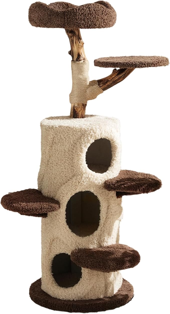 RPZ 54.7" Luxury Solid Wood Cat Tree for Small to Medium Cats – Natural Wood Scratching Post with Real Branch, Cozy Hideout, Multiple Platforms & Elevated Perches – Ideal for 1-5 Cats, Brown & Beige