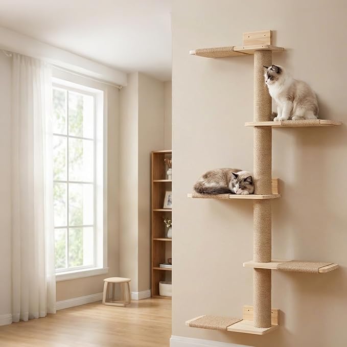Tall Cat Tree 50inch, 4 Tier Wood Cat Tree Tower with Natural Jute Rope, Cat Wall Shelves Wall-Mounted Scratching Post Adjustable Cat Tower for Indoor Cats (4-Tier Cat Tree, Natural Jute Color)