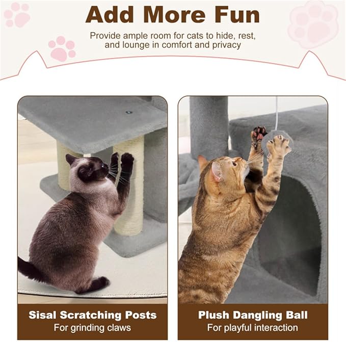 Light Gray 33.5" Cat Tree Tower with 2-Tier Condo, Multi-Level Perches, Sisal Scratching Posts & Anti-Tip Safety Device