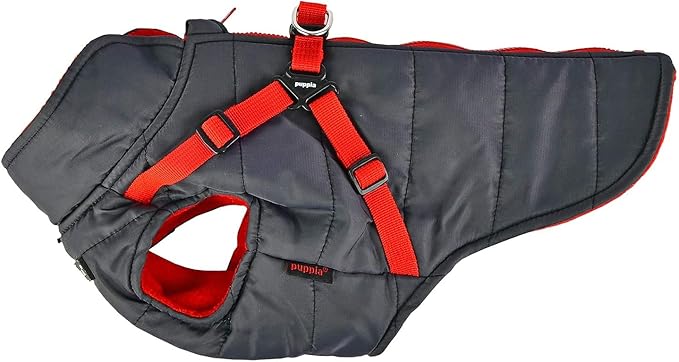 Puppia Mountaineer Winter Dog Coat with Integrated Harness No Pull Cold Weather Waterproof Warm Fleece Back Zipper for Small & Medium Dog, Grey, Medium