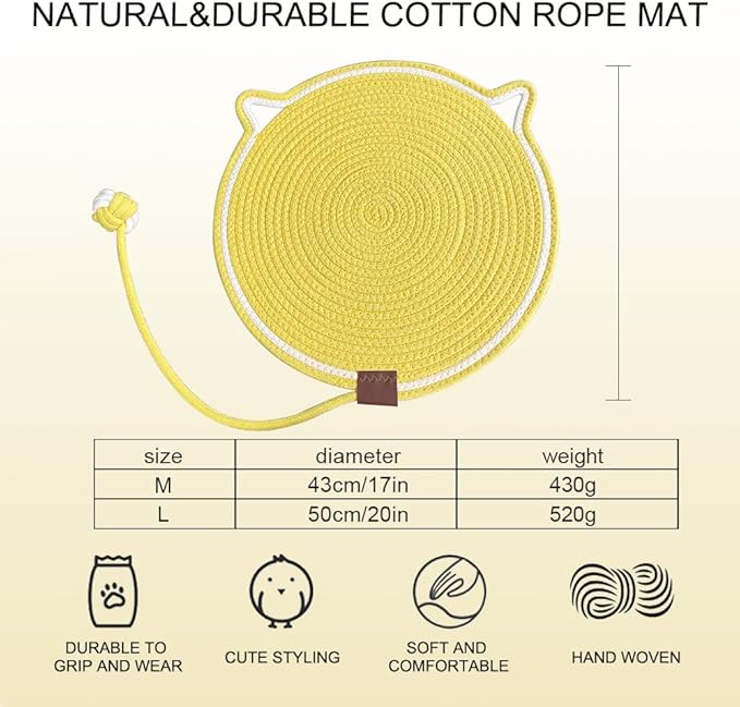 Personalized Cat Scratcher Mat, Customized with Name Text Natural Cotton Rope Round Horizontal Cat Scratching Pads with Ball Toy, Cat Furniture Protector for Wall, Couch, Carpets, Sofa (Yellow)