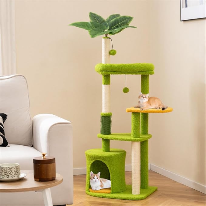 48" Cat Tree with Tropical Leaf Design – Self-Groomer, Scratching Posts & Space-Saving Tower